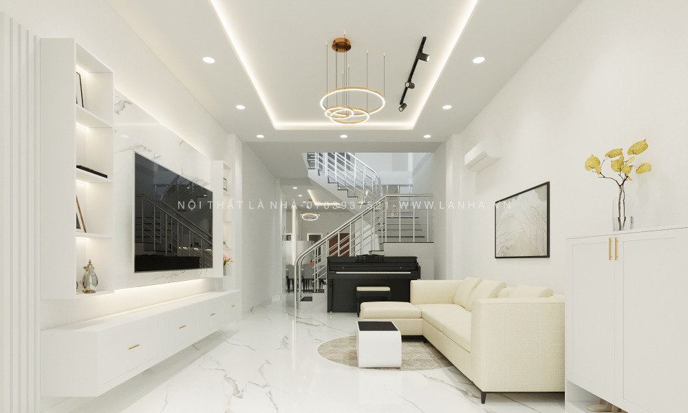 Phong Khach Lien Bep 6 Thiết kế nhà ống tại Bình Tân của Là Nhà, phòng khách và phòng bếp được ngăn cách bởi cầu thang