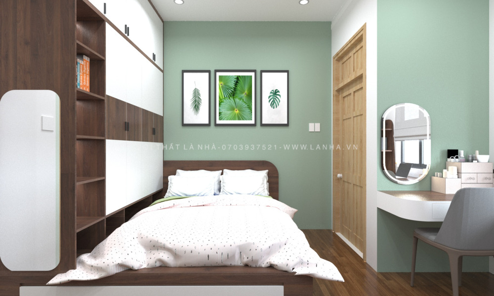 Phong Ngu Mau Trang 13 Thiết kế phòng ngủ hiện đại khi kết hợp màu trắng với xanh và nâu