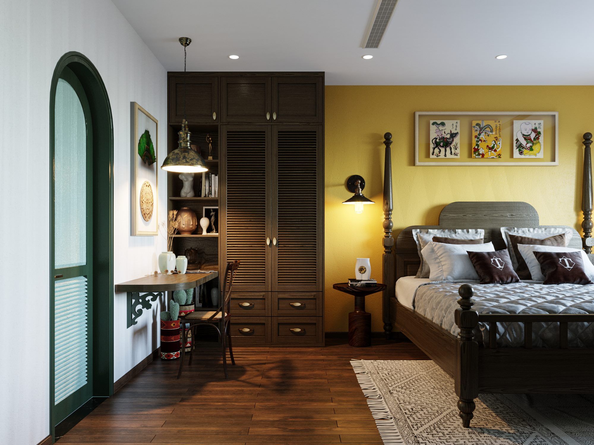 Phòng ngủ Indochine kết hợp bàn làm việc