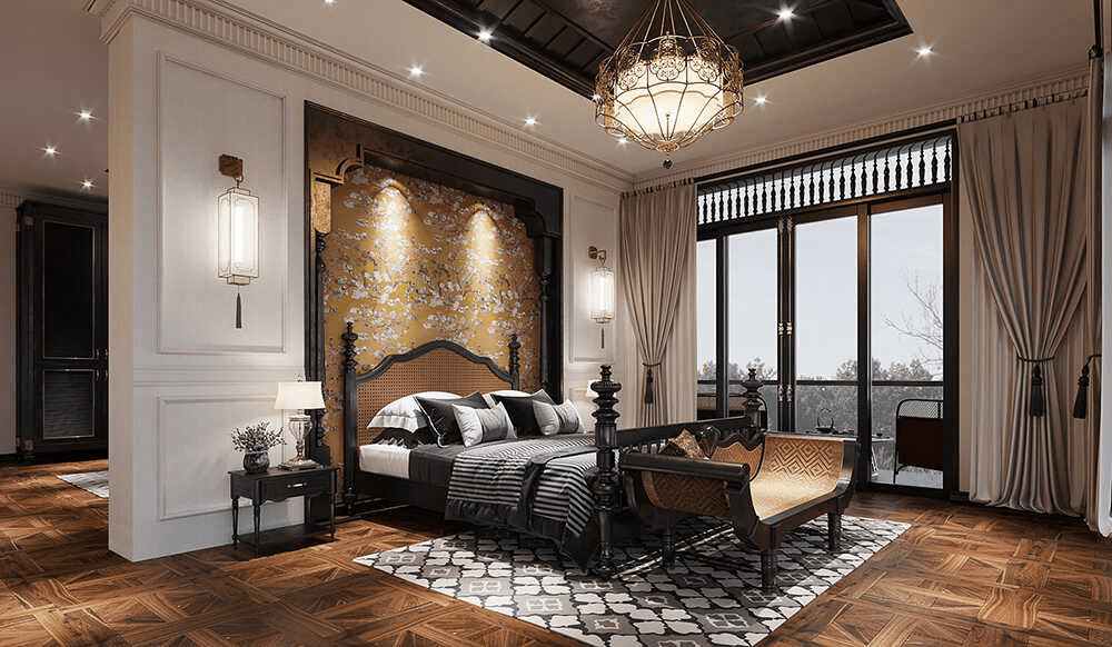Mẫu thiết kế phòng ngủ phong cách Indochine cho người mệnh Kim nhấn nhá với sắc nâu trầm mặc (Nguồn: Sưu tầm)