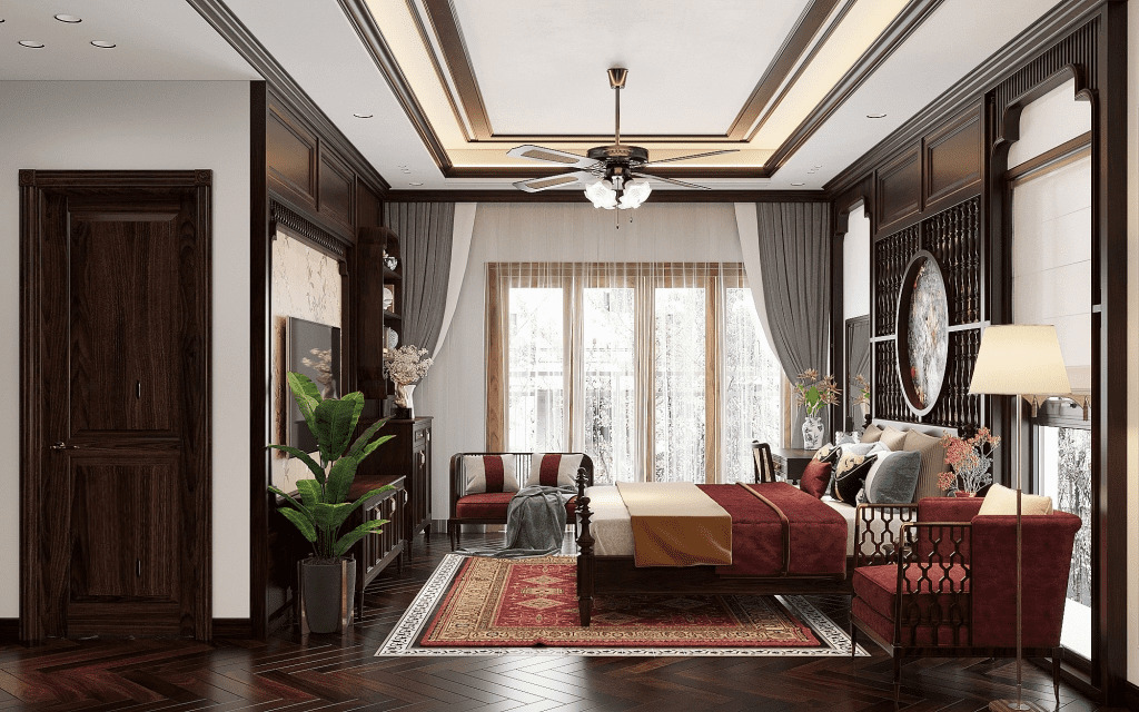 Phòng ngủ điểm xuyến màu đỏ cổ điển đặc trưng kiến trúc Đông Dương cho người mệnh Hỏa (Nguồn: Sưu tầm)