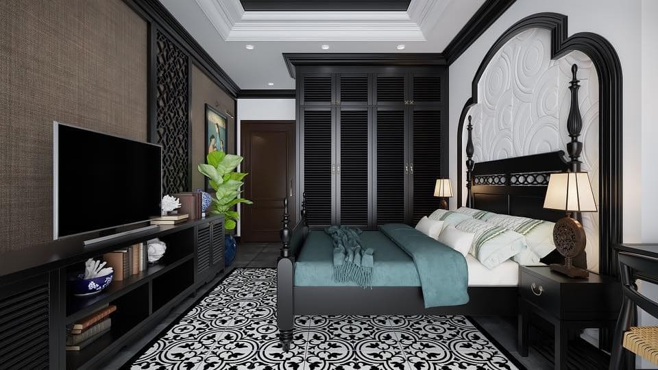 Phòng ngủ phong cách Indochine có gạch lát sàn họa tiết
