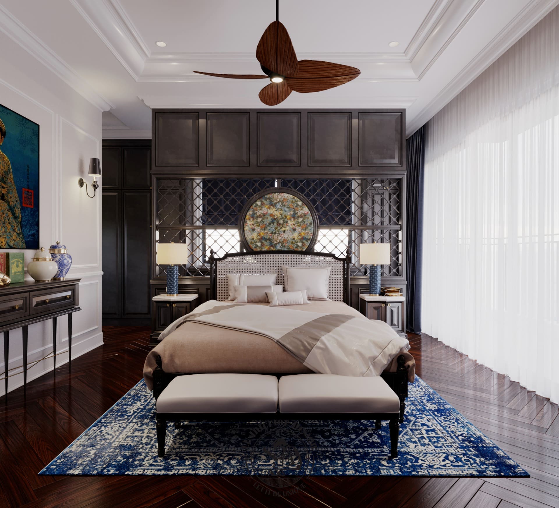 Sử dụng tone màu nâu be nhẹ nhàng giúp căn phòng ngủ Indochine ấm áp hơn