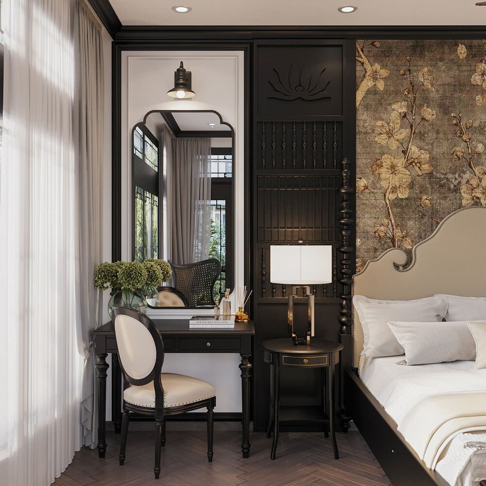 Sử dụng bàn trang điểm và đèn ngủ trang trí cho nội thất phòng ngủ Inochine (Nguồn: Sưu tầm)