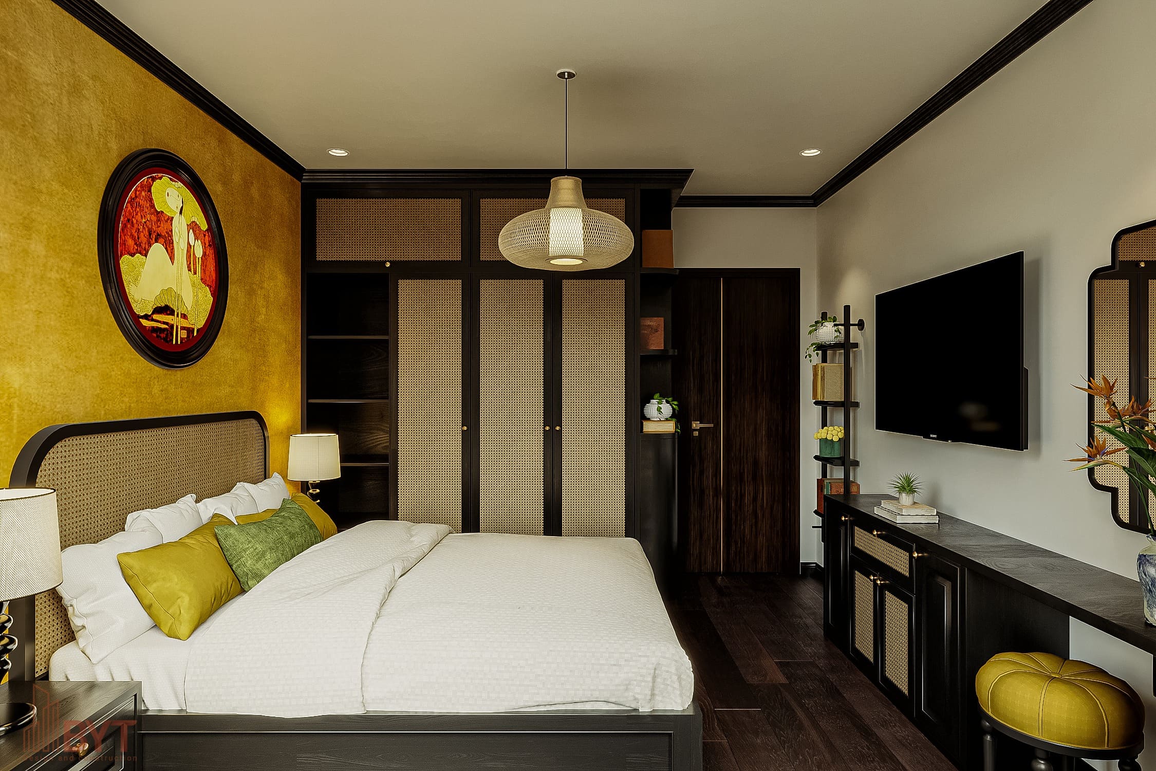 Mẫu phòng ngủ Indochine sử dụng tone màu vàng