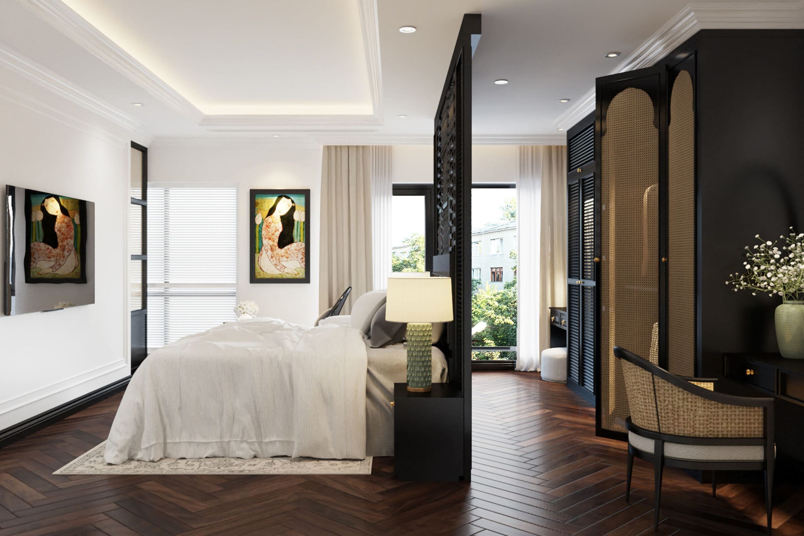 Mẫu phòng ngủ Indochine sử dụng tone màu vàng
