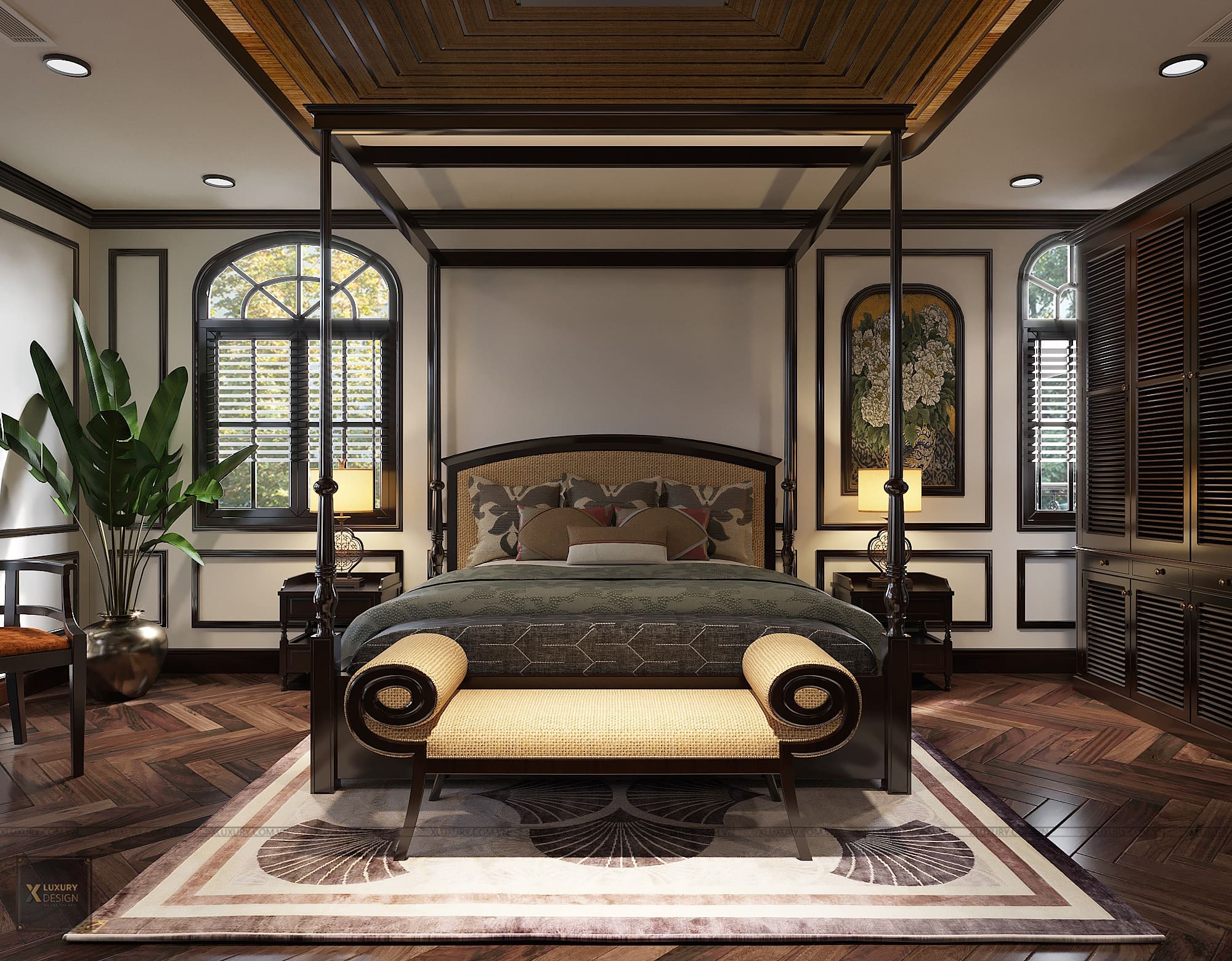 Thiết kế nội thất phòng ngủ Indochine lớn 2 cửa sổ