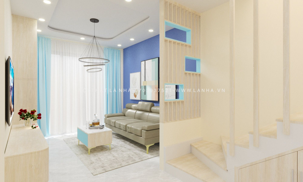 Thiet Ke Noi That Nha Lien Ke 14 Xanh và trắng là hai tone màu nội thất chủ đạo