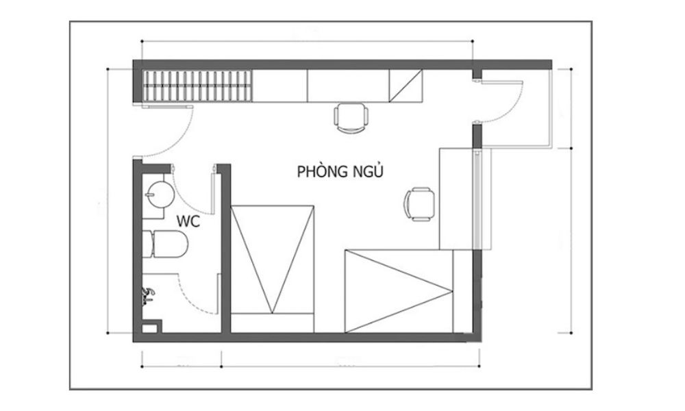 Bản vẽ thiết kế phòng ngủ 15m2 có toilet khép kín