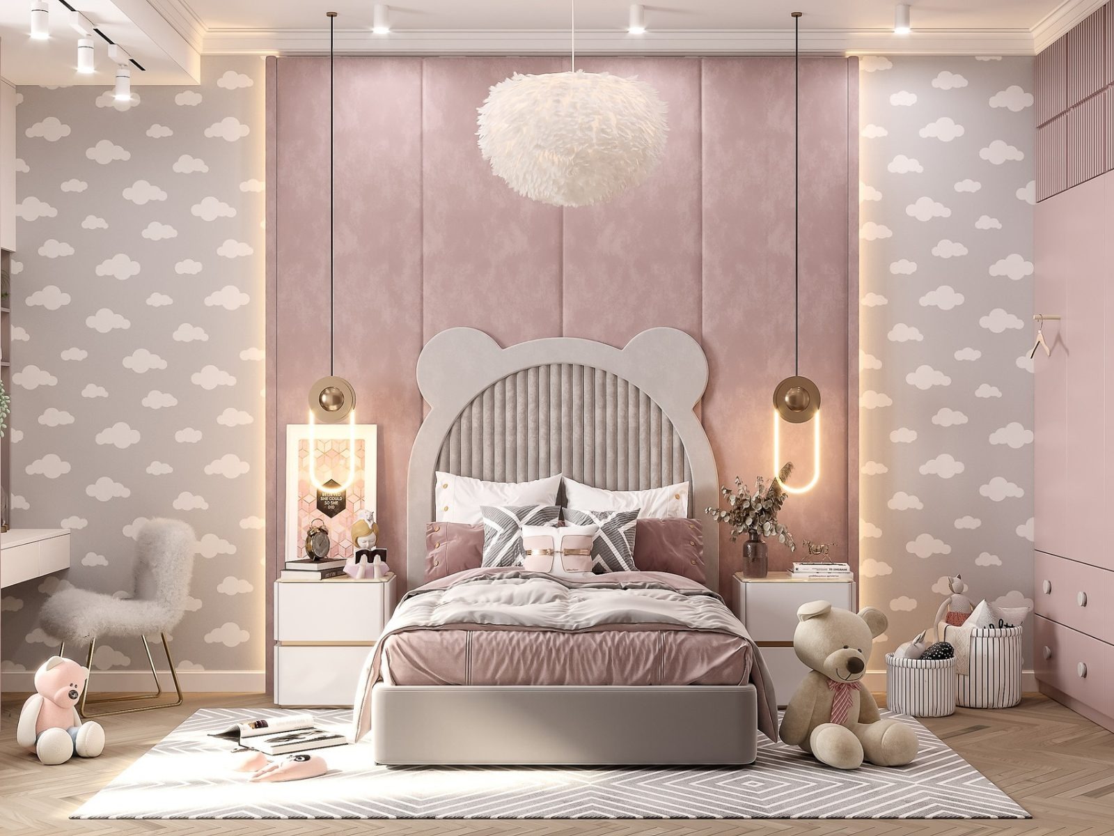 Phòng ngủ có tone màu hồng nhẹ nhàng với nhiều nội thất dễ thương (Nguồn: Sưu tầm)